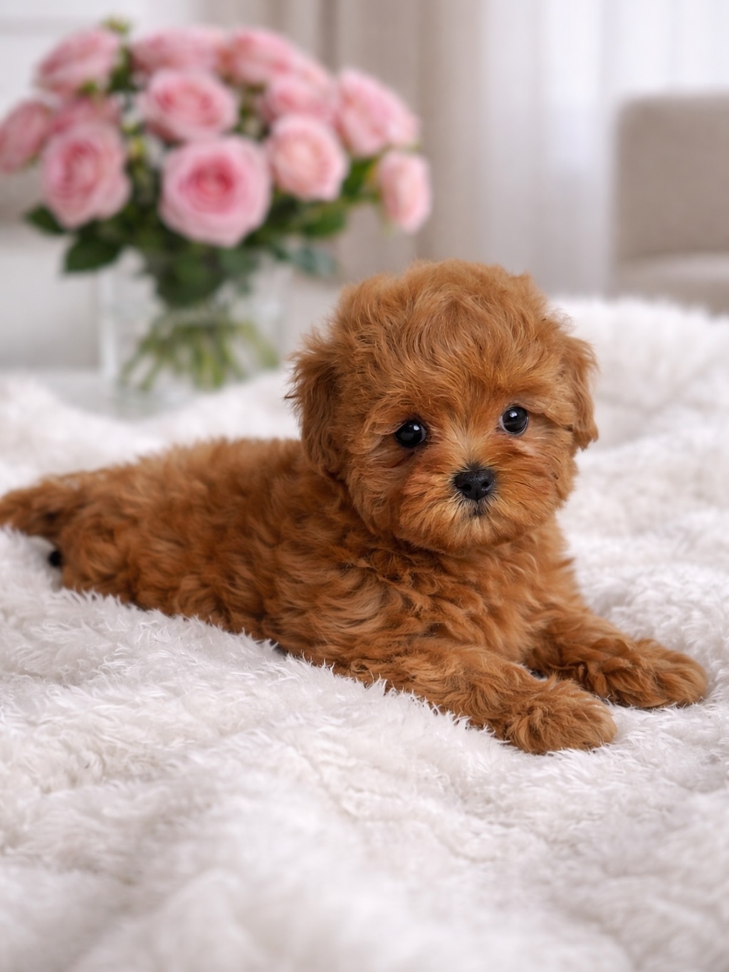 Apricot Toy Poodle puppy lying on a white blanket with pink flowers in the background