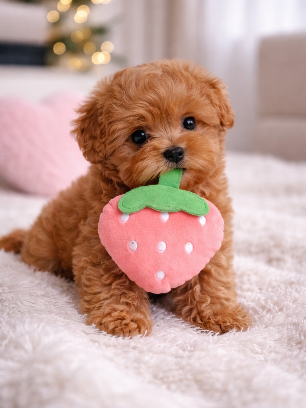 Apricot Toy Poodle puppy holding a pink strawberry plush toy