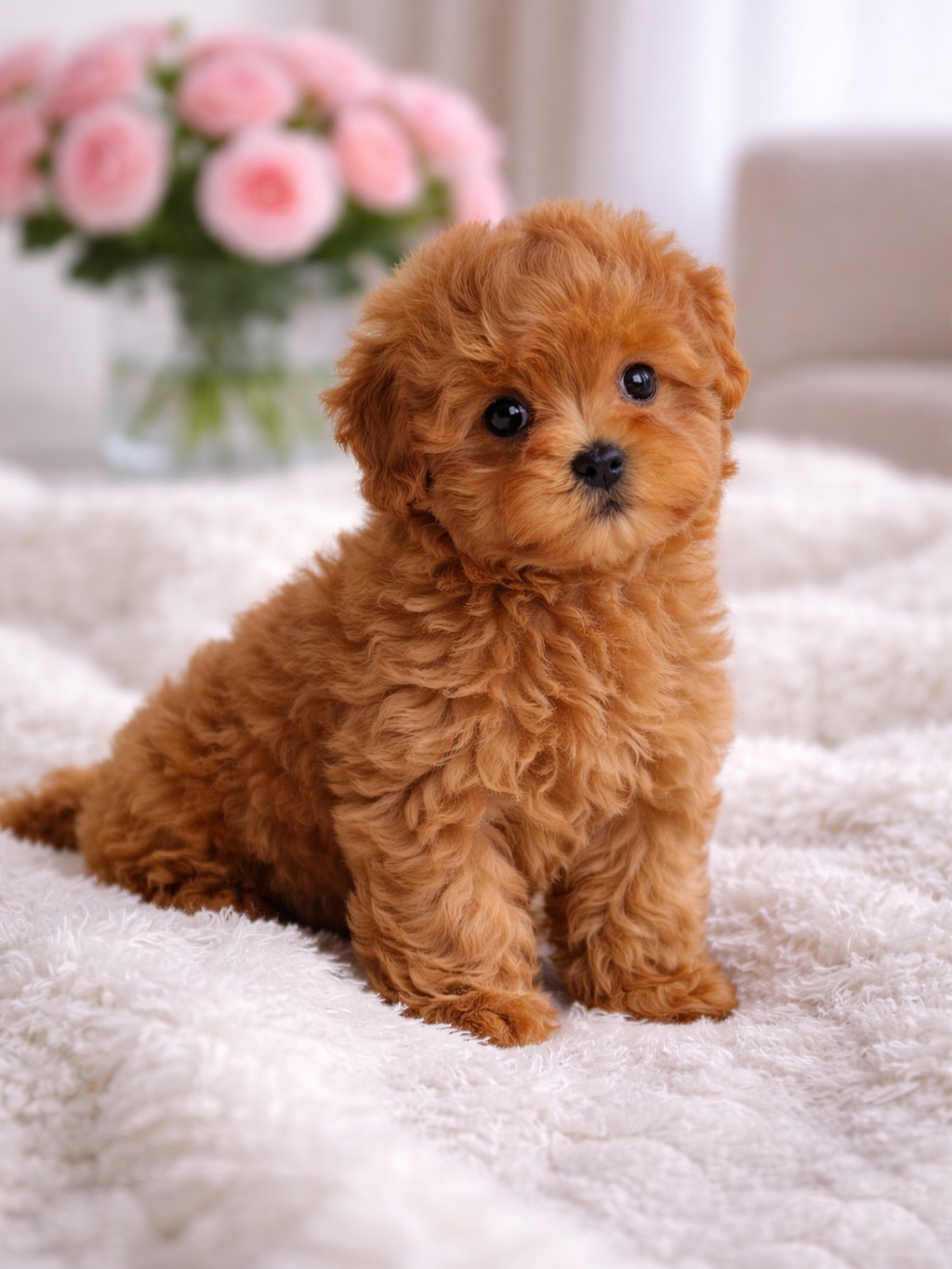 Apricot Toy Poodle puppy sitting upright on a white blanket