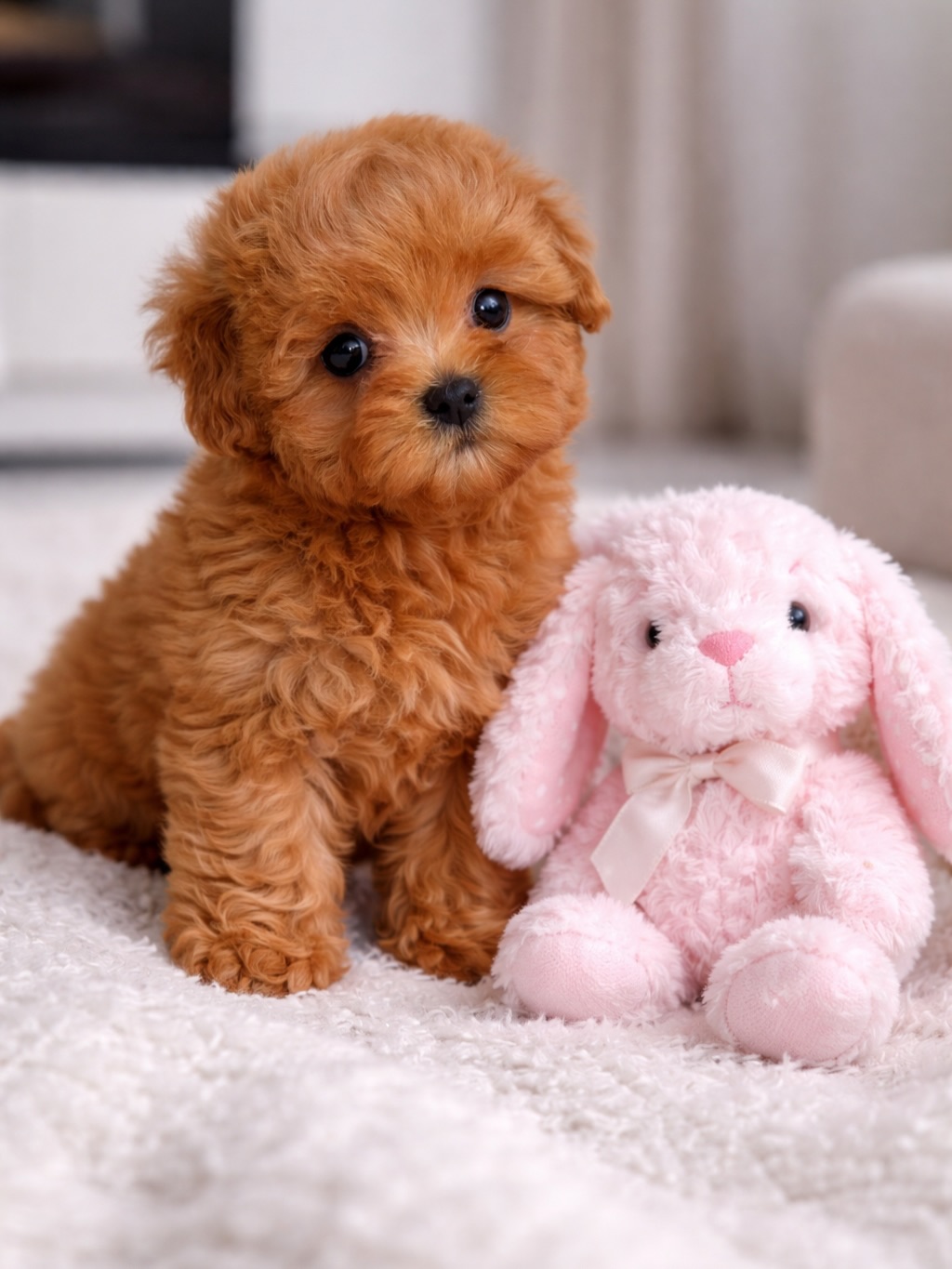 Apricot Toy Poodle puppy sitting beside a pink plush rabbit
