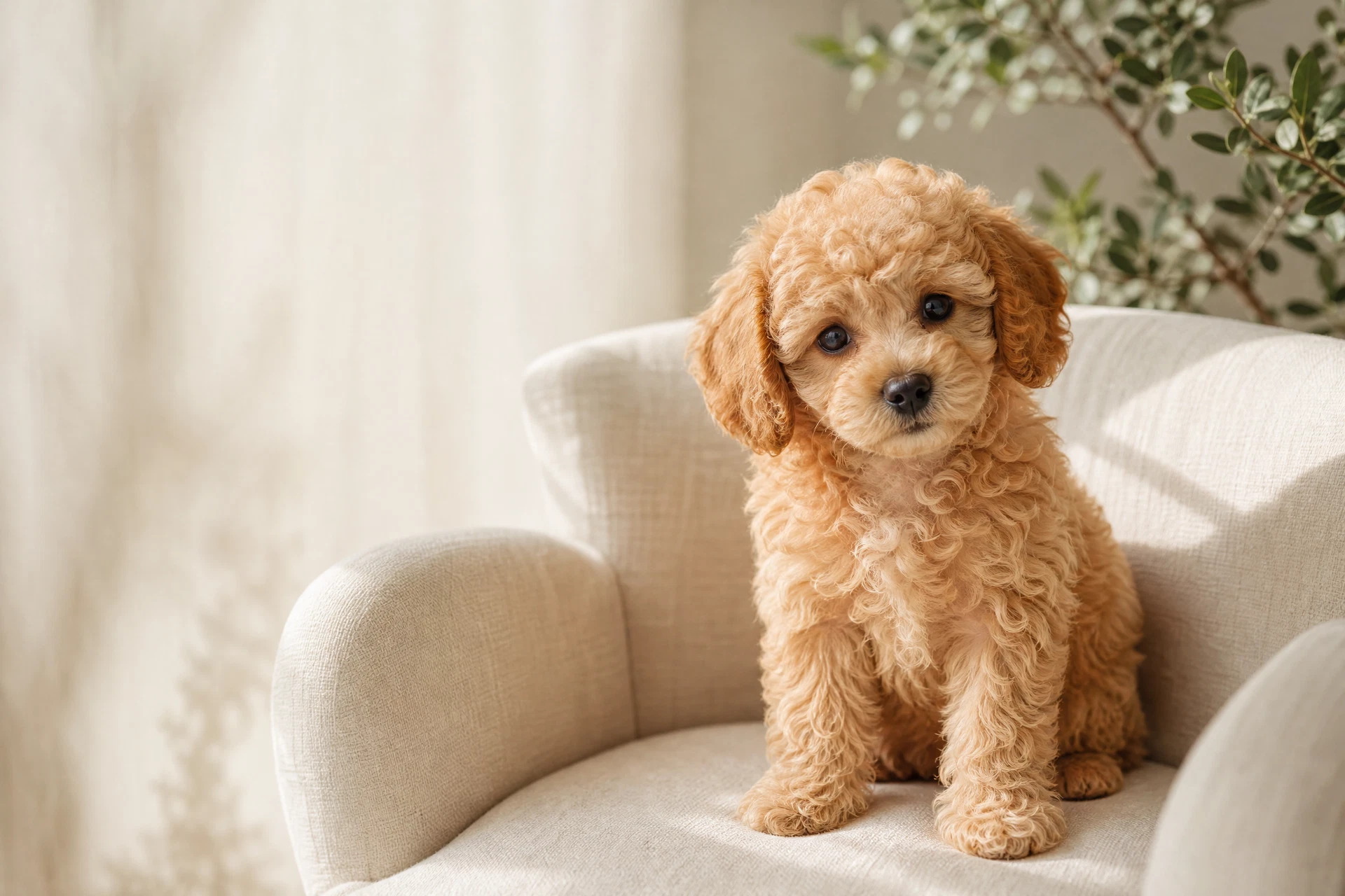 Illustrative portrait of an apricot toy poodle puppy on an ivory chair