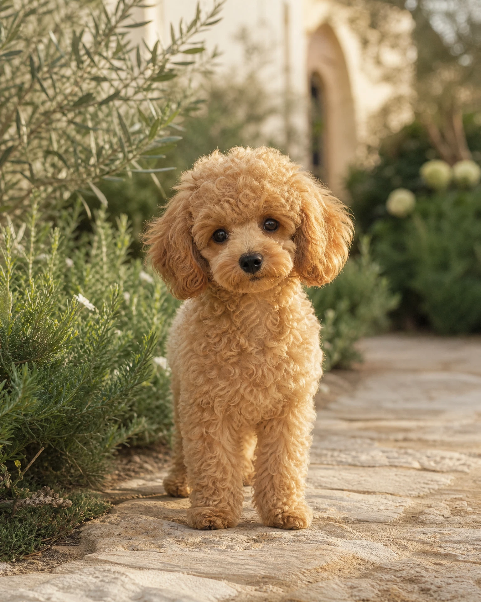 Illustrative image of an apricot toy poodle puppy in a sunlit garden